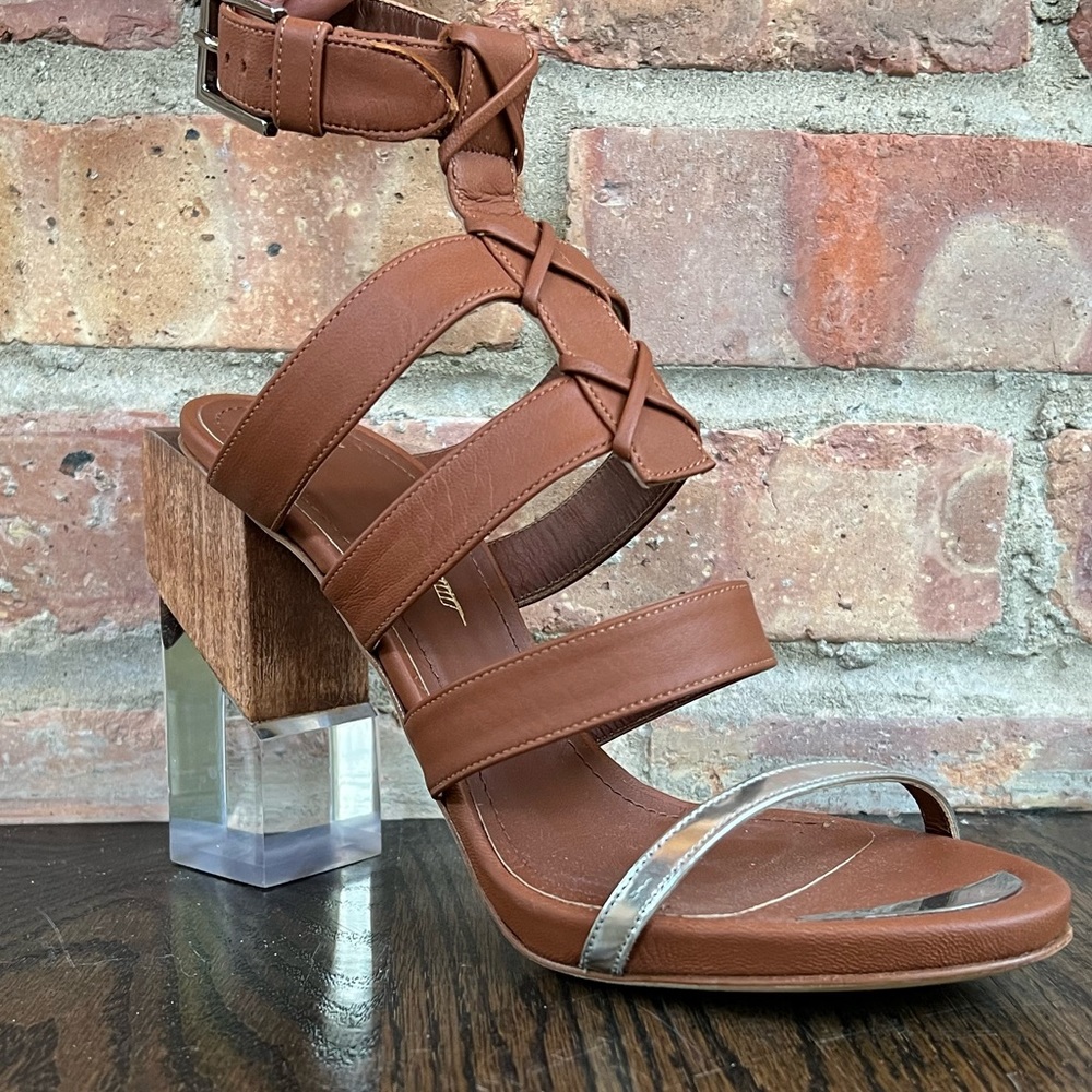 Maiyet Leather Multi-Strap Sandal with Acrylic and Wooden Geometric Heel